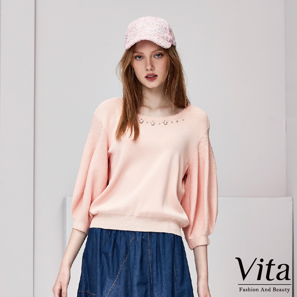 【Vita】花邊領皇冠亮鑽裝飾素色針織衫-粉桔