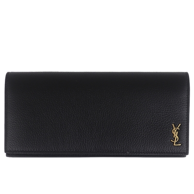 YSL MONOGRAM 黑色荔枝紋牛皮仿古LOGO長夾(10卡)