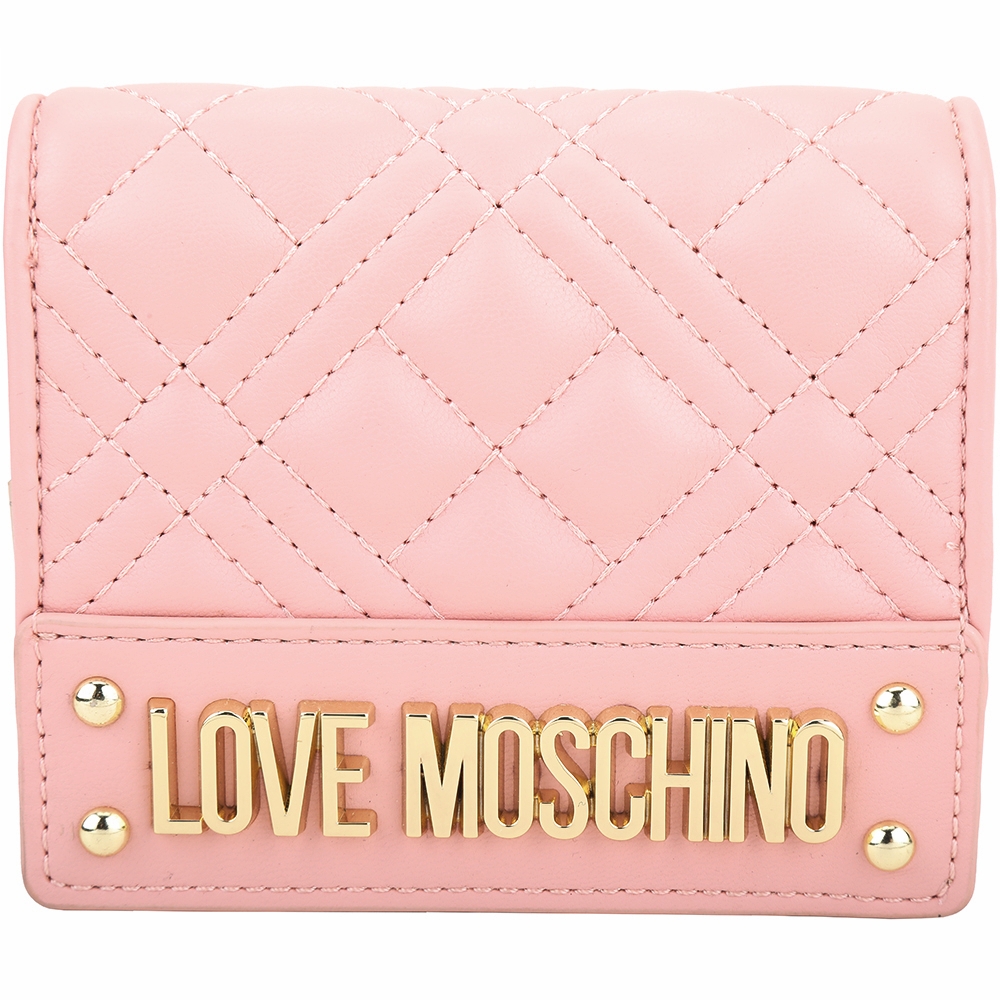 LOVE MOSCHINO 金色字母菱格皮革對折短夾(粉色)