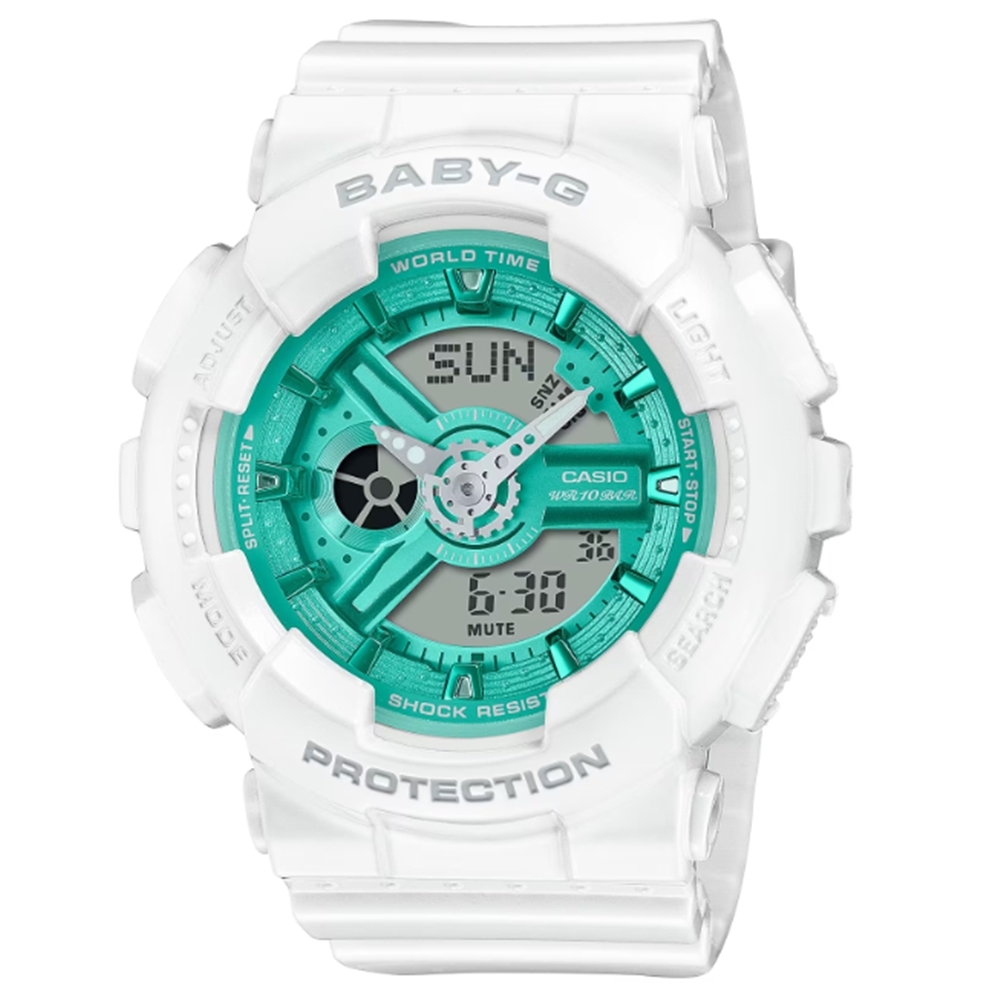 CASIO 卡西歐  BABY-G 季節限定冬日光彩 色彩繽紛 經典雙顯手錶 綠白 BA-110XWS-7A_43.4mm