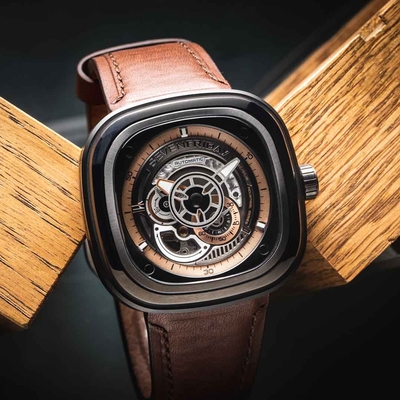 SEVENFRIDAY P2C-01 豌豆射手自動上鍊機械錶 送禮推薦-咖啡色/47X47.6mm