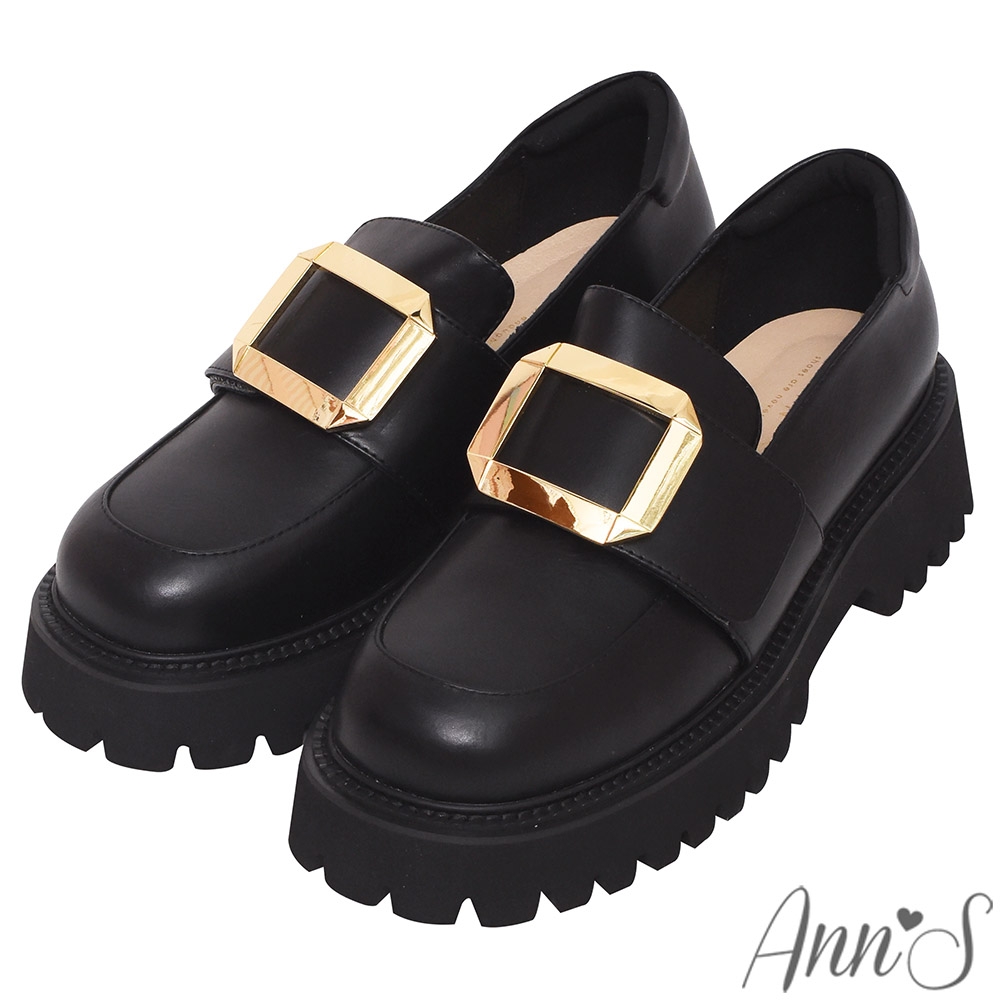 Ann’S可調整魔鬼氈-金色大方扣顯瘦輕量厚底樂福鞋5cm-黑