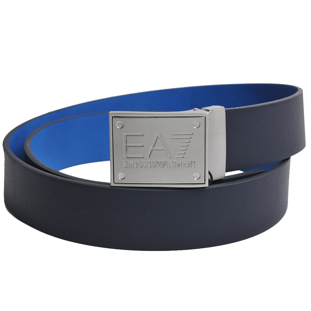 EMPORIO ARMANI EA7 經典品牌圖騰LOGO壓印雙面牛皮腰帶(深藍/寶藍)