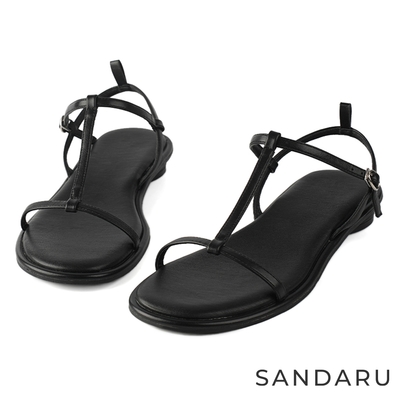 山打努SANDARU-涼鞋 工字細帶低跟圓跟涼鞋-黑