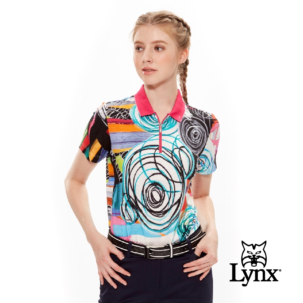 【Lynx Golf】女款義大利布料舒適拉鍊立領短袖POLO衫-黑色