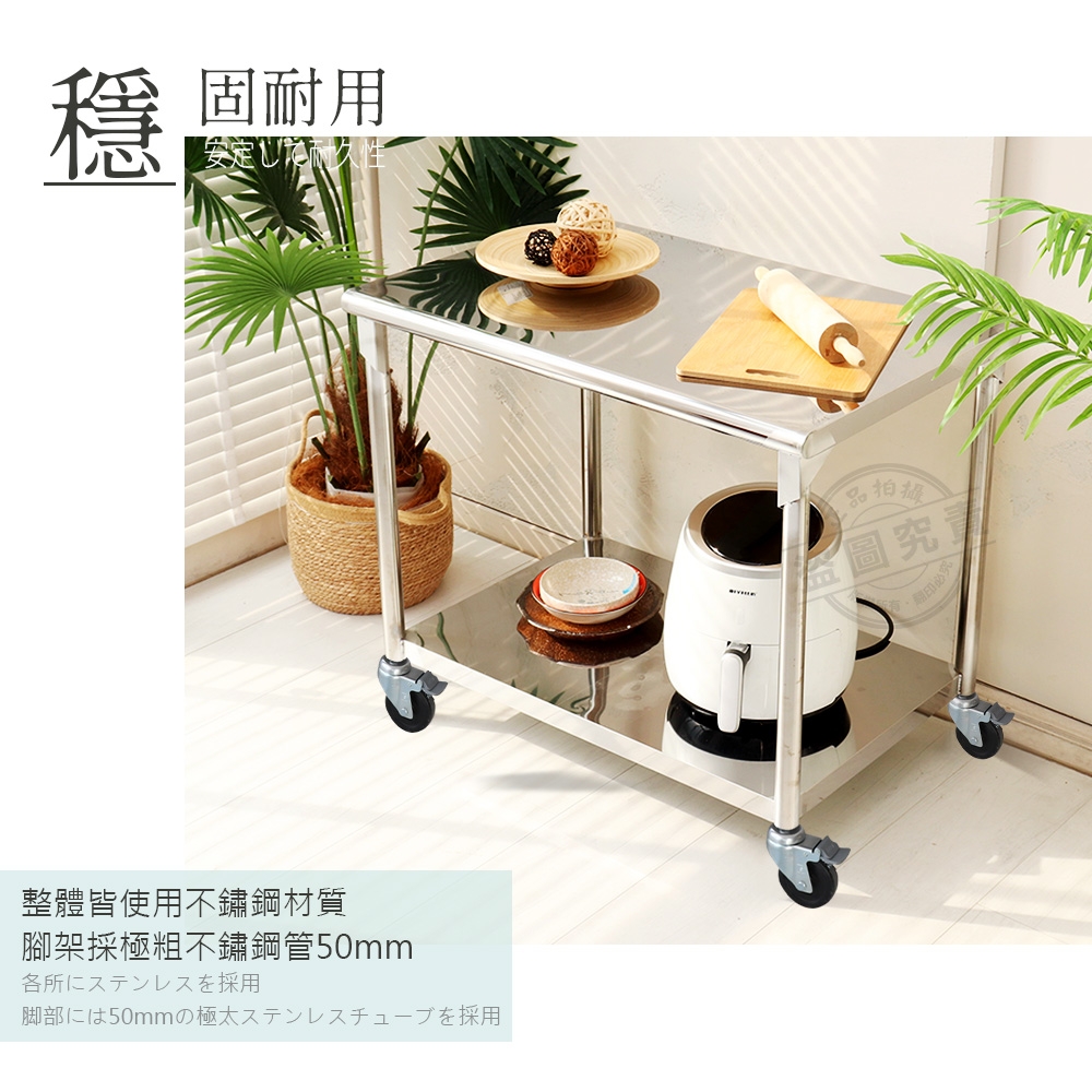 Abis】客製商品-豪華升級版75X120CM二層圓角430不鏽鋼桌-附煞車輪/料理