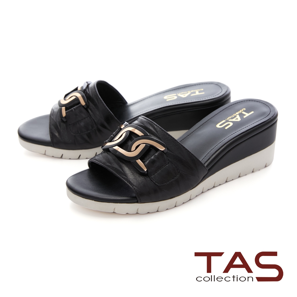 TAS壓紋牛皮拼接雙c飾釦楔型涼拖鞋-俐落黑