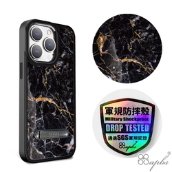 apbs iPhone 15 14系列 軍規防摔鋁合金鏡頭框立架手機殼-大理石敦煌黑