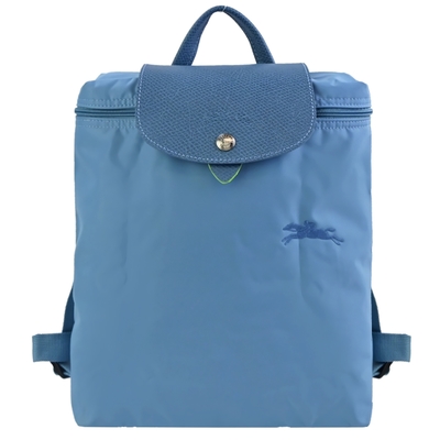 LONGCHAMP LE PLIAGE GREEN系列刺繡再生尼龍摺疊後背包(雷雨藍)