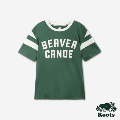 Roots 女裝- BEAVER CANOE條紋短袖T恤-森林綠