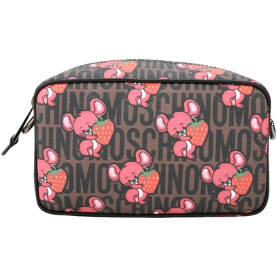 MOSCHINO 草莓鼠塗層帆布拼牛皮手拿包(咖棕色)