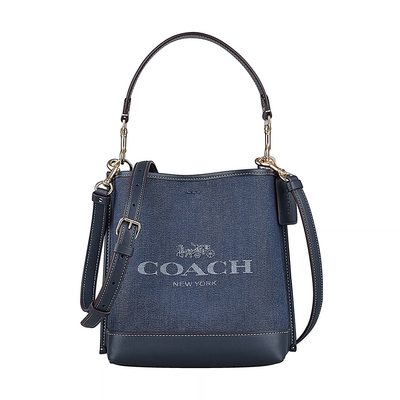 展示品 COACH MOLLIE馬車LOGO緹花布搭皮革釦式手提斜背水桶包(單寧藍)