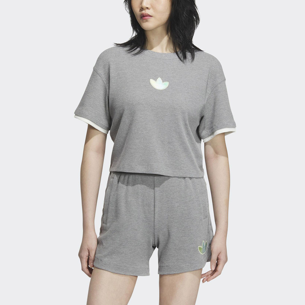 Adidas LT TEE SS W 1 [IK8670] 女 短袖 短版 上衣 T恤 亞洲版 華夫格 休閒 復古 灰