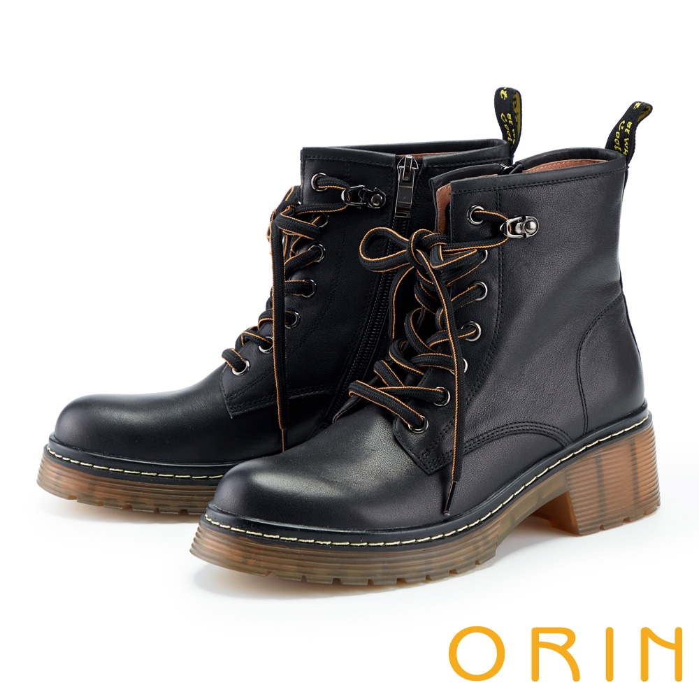 ORIN 造型真皮綁帶7孔馬汀短靴 黑色