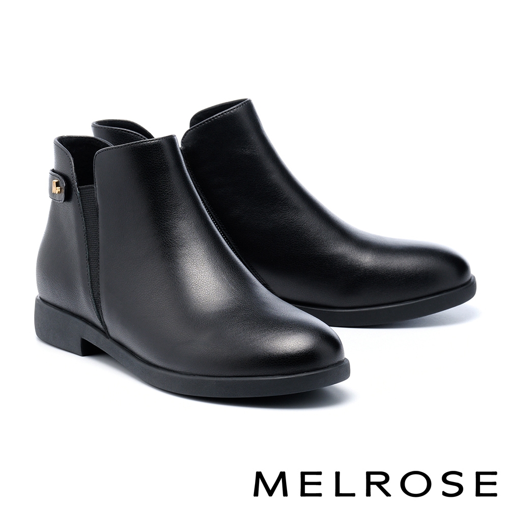 短靴 MELROSE 美樂斯 簡約質感M字釦鬆緊帶拼接牛皮厚底短靴－黑