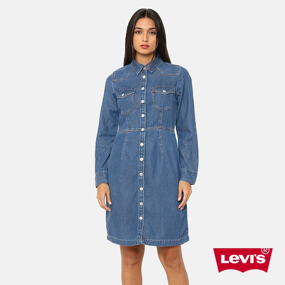 Levis 女款 合身長版牛仔洋裝 / 襯衫式順腰設計 / 經典外套母扣