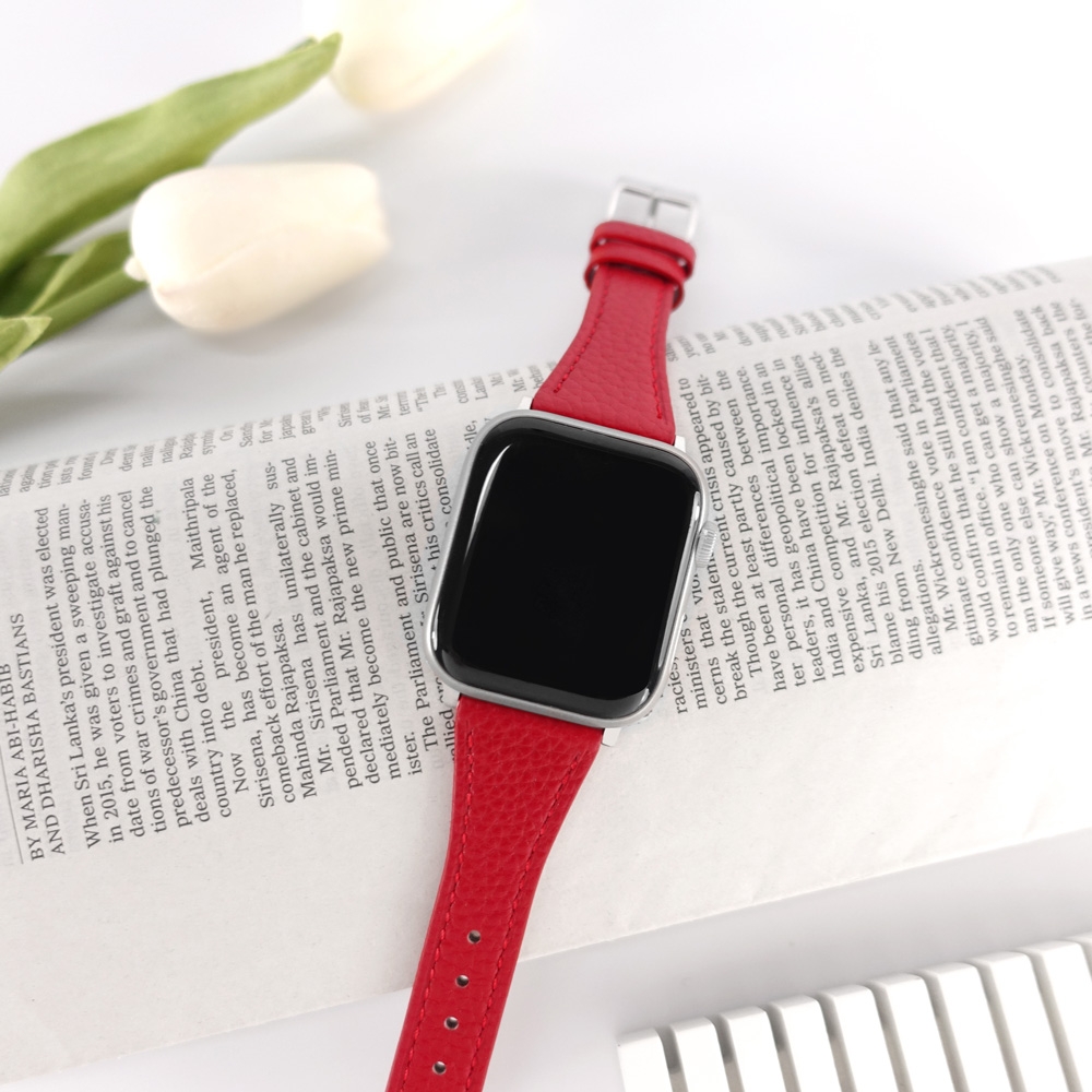 Apple Watch 全系列通用錶帶 蘋果手錶替用錶帶 荔枝紋 銀鋼扣 真皮錶帶 紅色