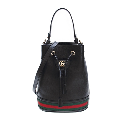 【GUCCI 古馳】610846 經典Ophidia系列綠紅綠織帶皮革束口手提/斜背水桶兩用包(全新展示品)