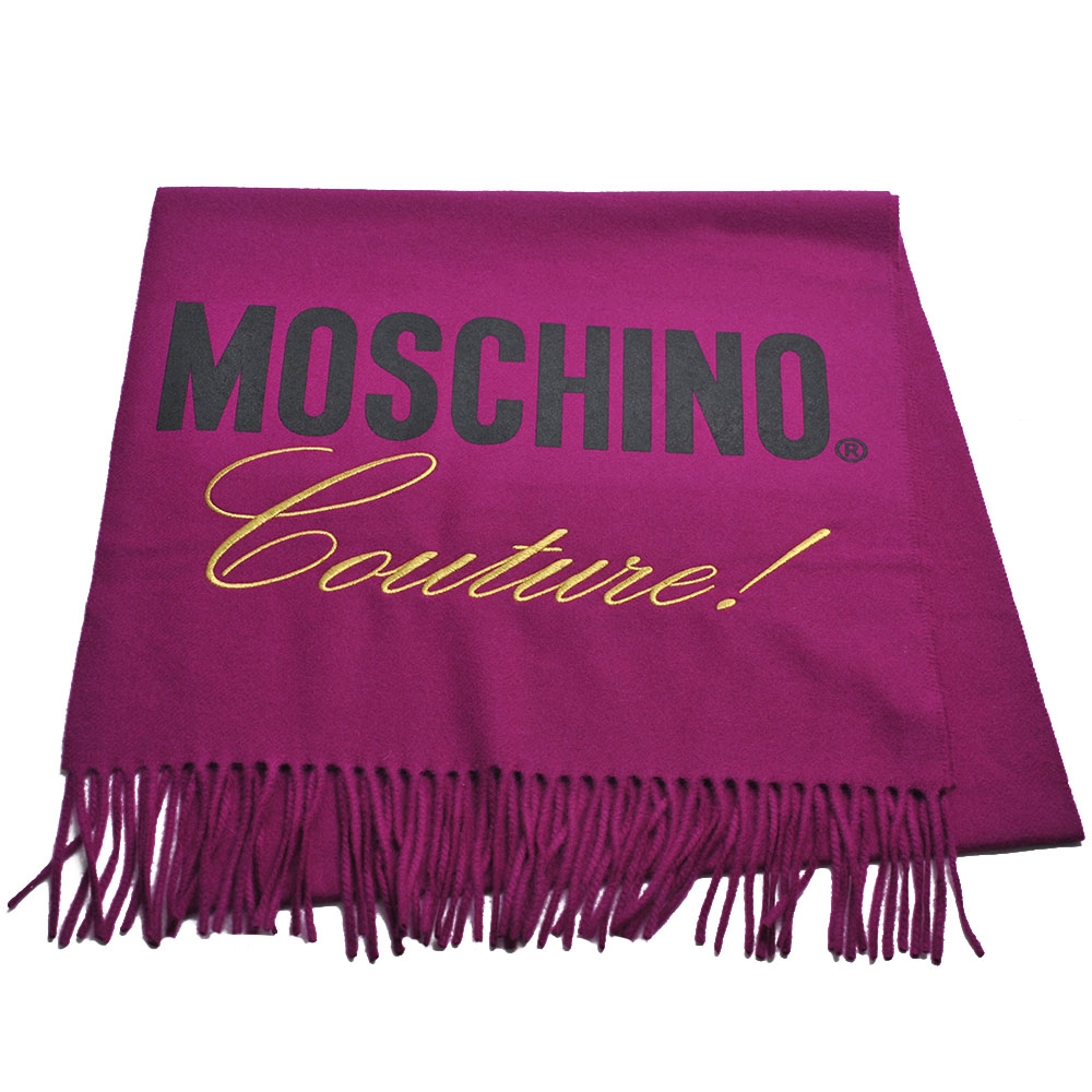 MOSCHINO 義大利製大品牌金色刺繡字母LOGO 100%羊毛圍巾(紫系)