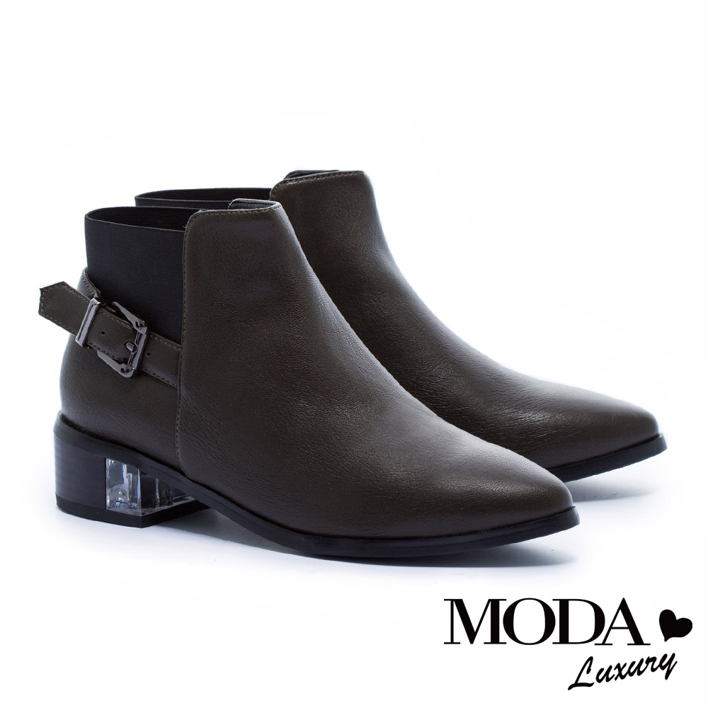 短靴 MODA Luxury 獨特異材質拼接側方釦帶造形尖頭粗跟短靴－綠