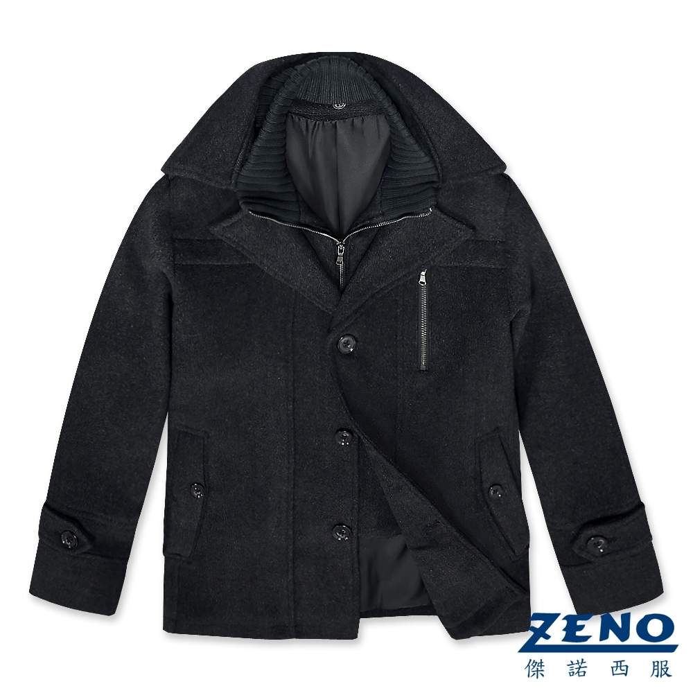 ZENO 排扣翻領假二件設計保暖羊毛大衣‧深灰