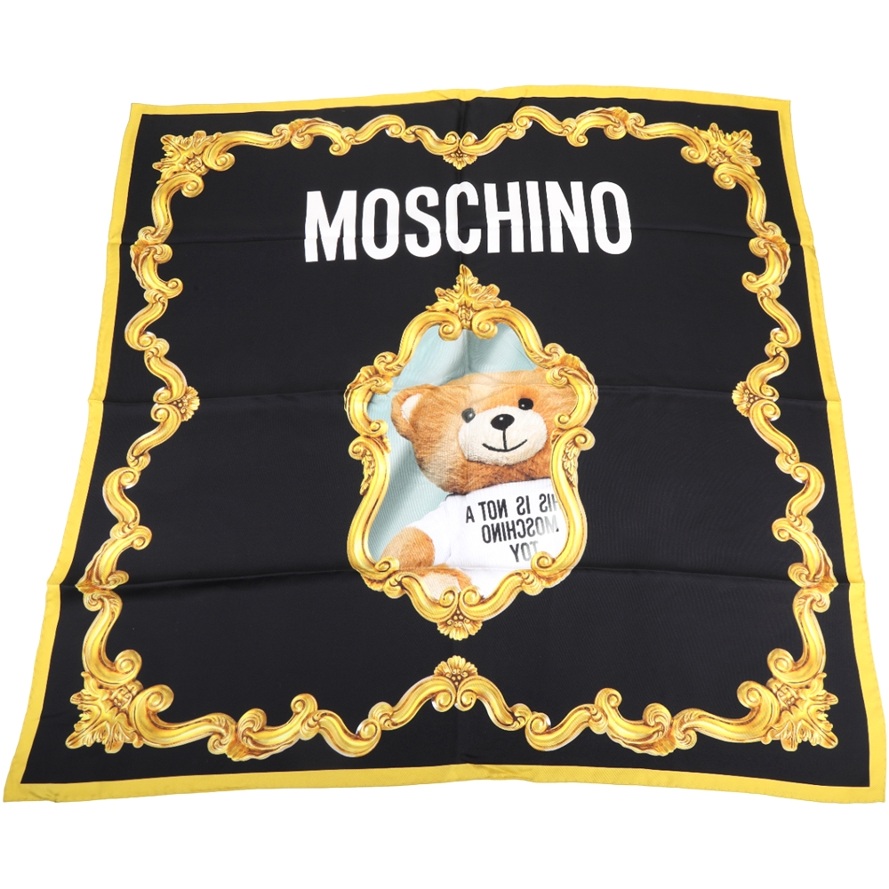 MOSCHINO 鏡框泰迪熊印花黑底真絲方巾 圍巾(88x88)