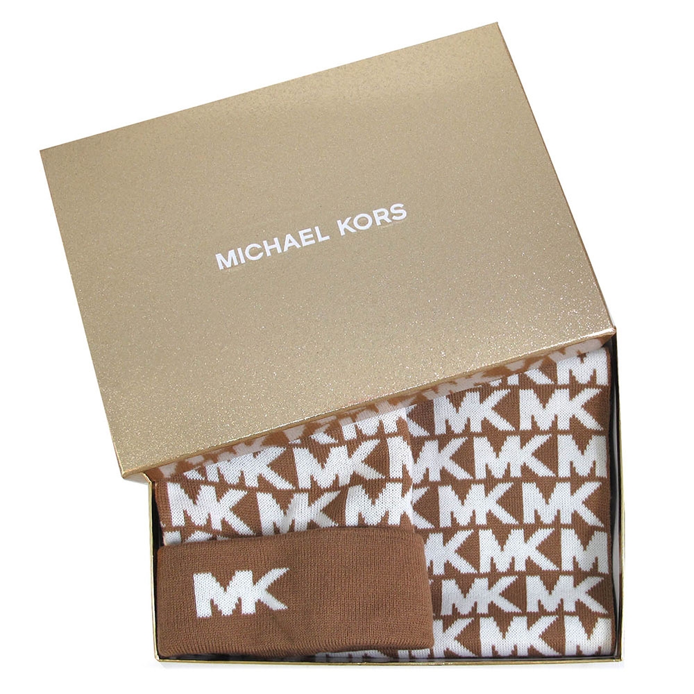 MICHAEL KORS 滿版MK LOGO毛線帽+圍巾二件組禮盒(馬鞍棕)