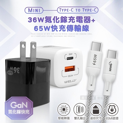 【超速組合】WELLY 36W氮化鎵GaN PPS雙孔迷你充電器+65W Type-C to Type-C 傳輸充電線(1M)