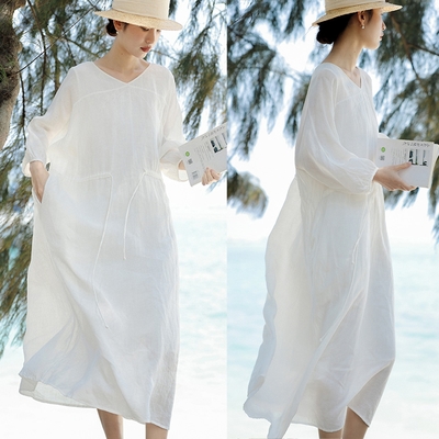 水果酵素砂洗純亞麻刺繡白色洋裝-設計所在-獨家高端限量系列