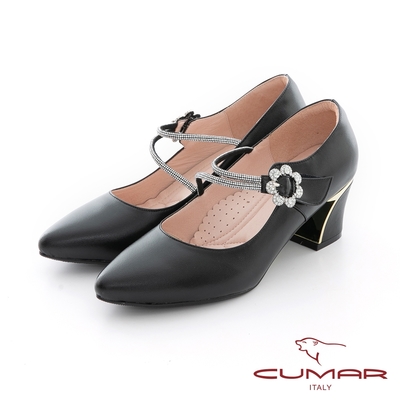 【CUMAR】尖頭腳背帶鑽飾條裝飾粗跟鞋-黑
