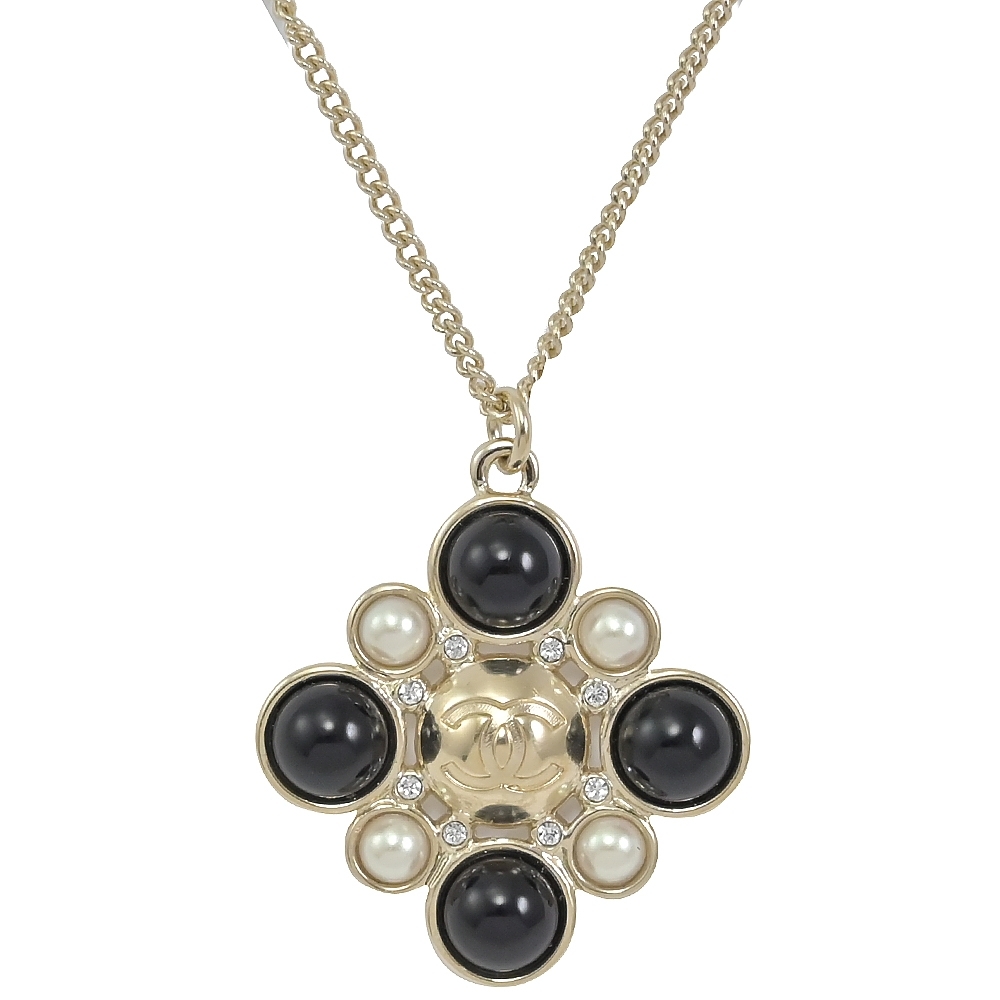 CHANEL 雙色珠珠水鑽裝飾經典CC LOGO項鍊(淡金)