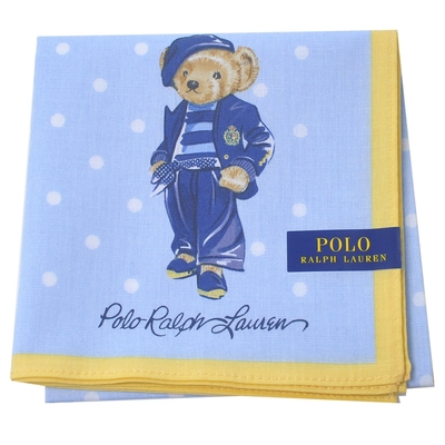 RALPH LAUREN POLO 優雅圓點品牌小熊LOGO圖騰帕領巾(水藍/黃邊)