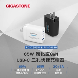 Gigastone PD-7653B GaN 65W極小氮化鎵Type-C 三孔急速快充充電器(黑)