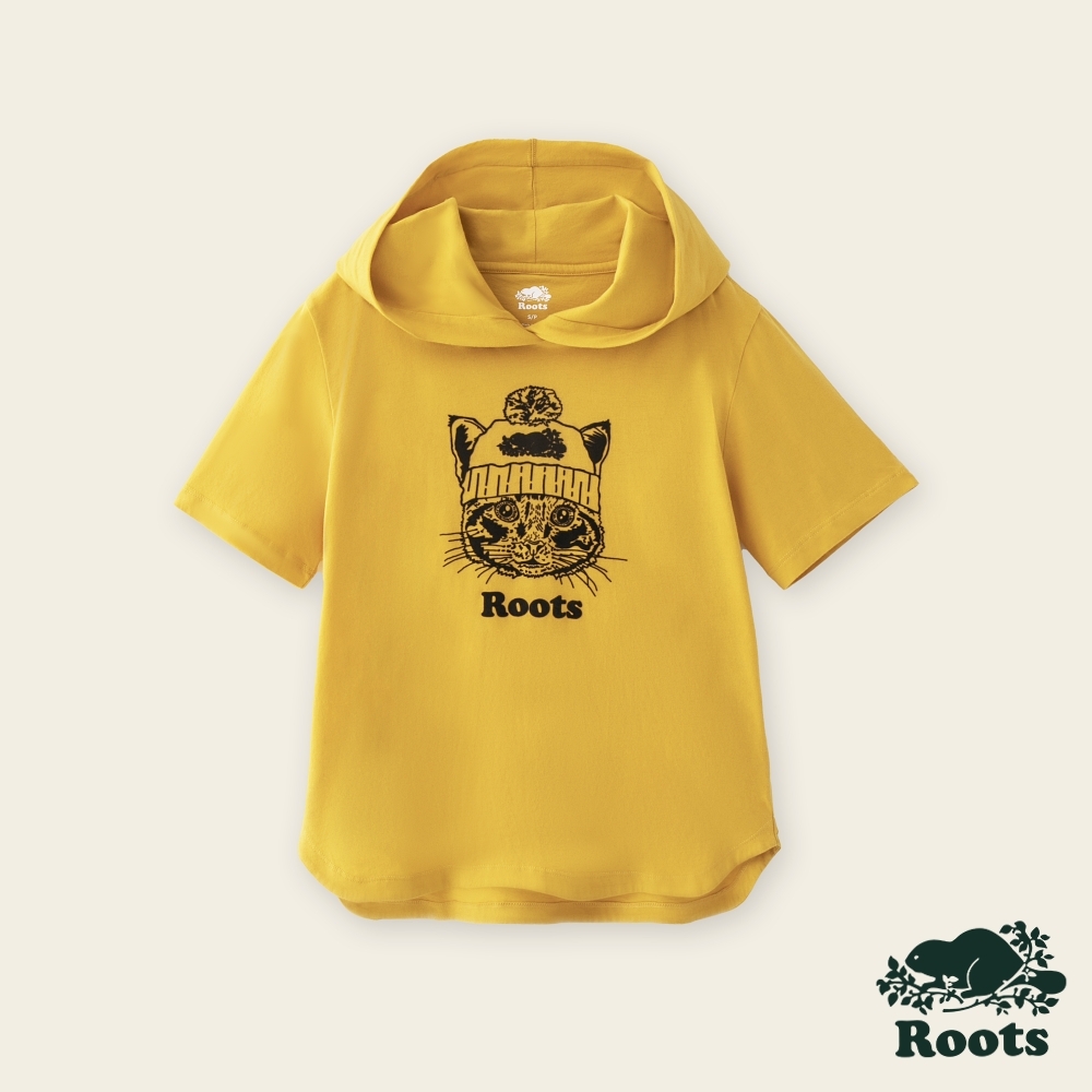 Roots女裝-動物派對系列 毛帽貓咪純棉短袖連帽上衣-金黃色