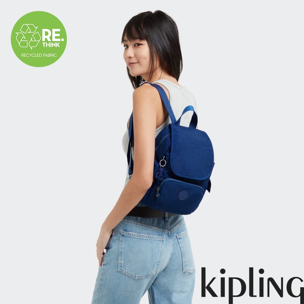『猴子包』Kipling 夏日靛青藍拉鍊掀蓋後背包-CITY PACK MINI