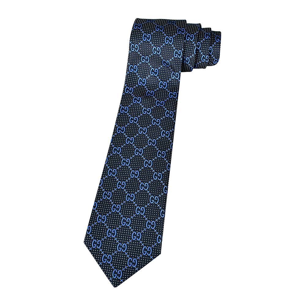 GUCCI經典緹花LOGO蠶絲菱格紋設計領帶(海軍藍)