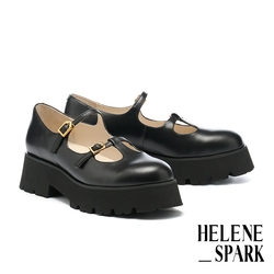 厚底鞋 HELENE_SPARK 復古T字雙帶牛皮瑪莉珍厚底鞋－黑