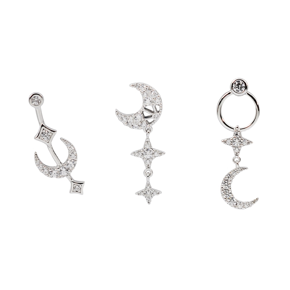 apm MONACO法國精品珠寶 閃耀鑲鋯三星月組合造型銀色耳環