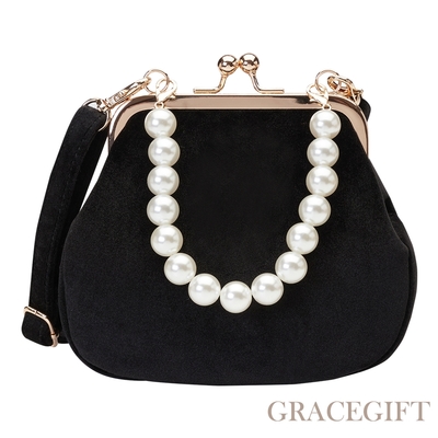【Grace Gift】小貓聯名-絲絨蛋糕2WAY珍珠鍊口金包 黑