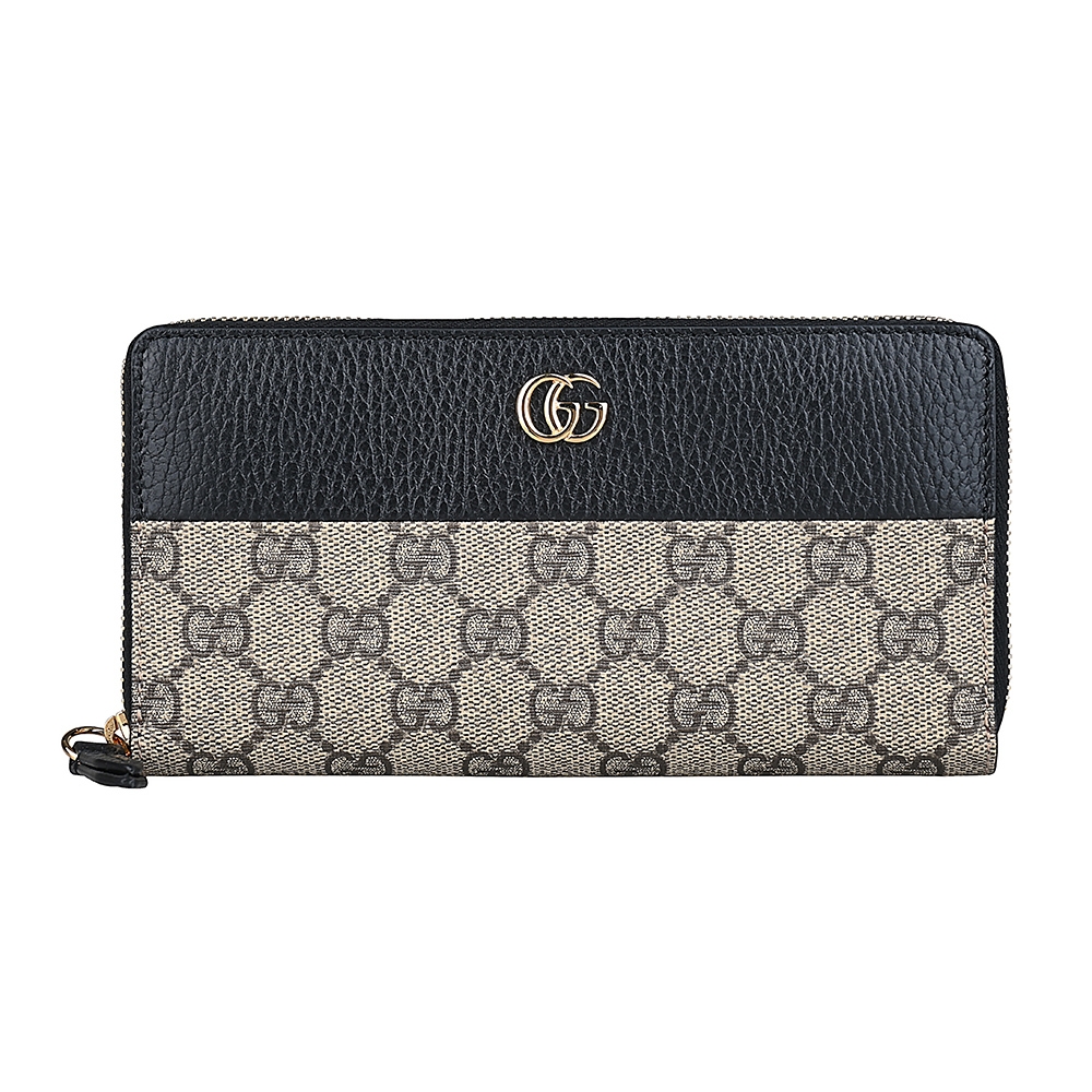 GUCCI MARMONT金字雙G LOGO皮革拼接印花PVC 12卡拉鍊長夾(黑x米x烏木)