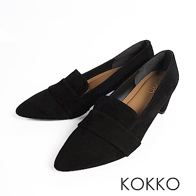 KOKKO  - 女紳風範尖頭透氣真皮樂福粗跟鞋-霧面黑