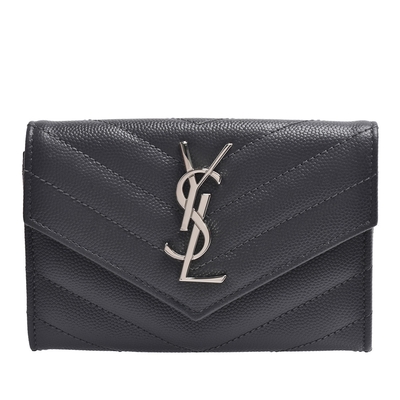 YSL MONOGRAM系列V字縫線小牛皮銀色金屬LOGO暗釦零錢包(灰色)