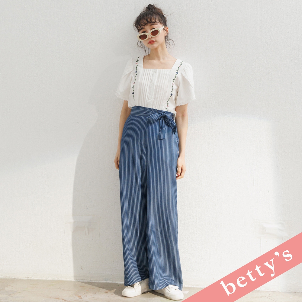 betty’s貝蒂思　腰鬆緊直條紋腰帶寬褲(藍色)