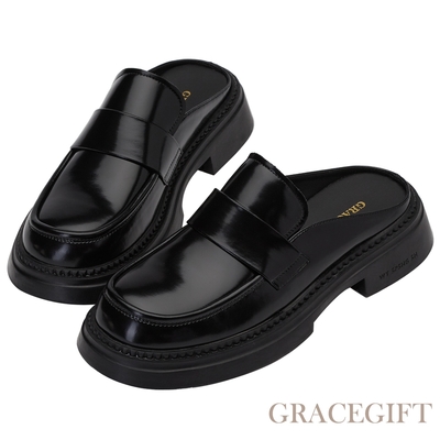 【Grace Gift】率性時尚穆勒拖鞋 黑漆