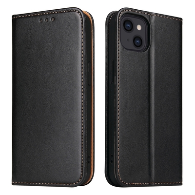 Fierre Shann 真皮紋 iPhone 15 (6.1吋) 錢包支架款 磁吸側掀 手工PU皮套