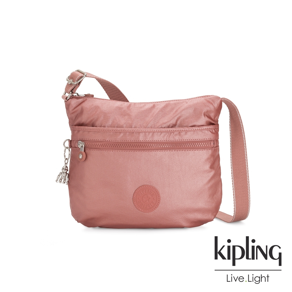 Kipling 甜美俏皮蜜桃粉前拉鍊側背包-ARTO