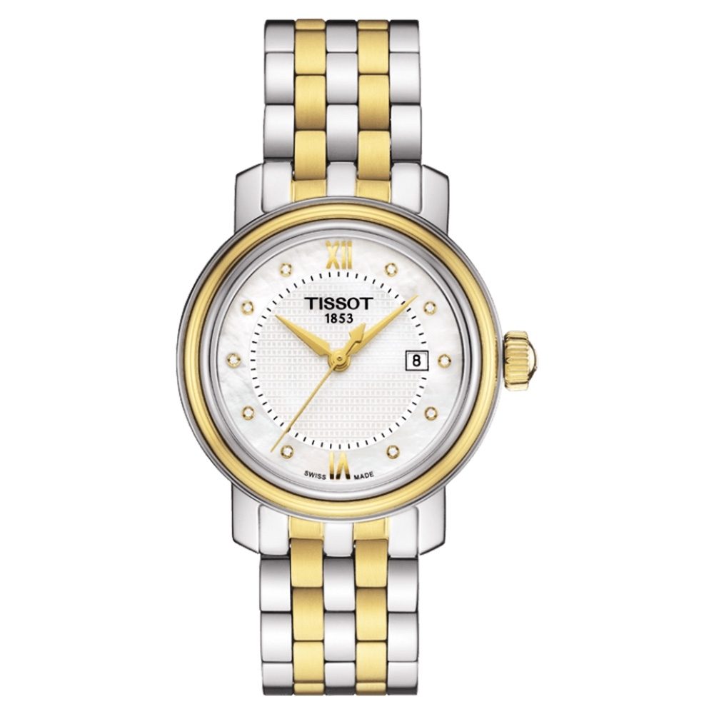 TISSOT 天梭 官方授權 Bridgeport 寶環系列真鑽石英女錶-珍珠貝x雙色版/29mm T0970102211600