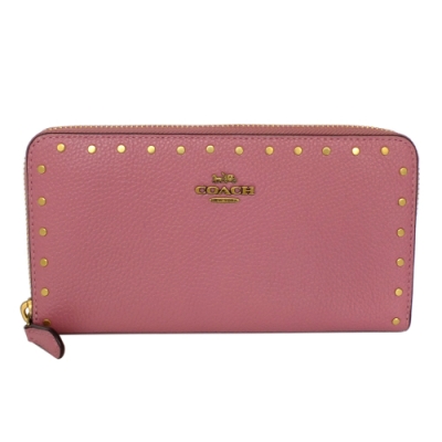 COACH玫瑰粉鉚釘荔枝紋全皮拉鍊長夾