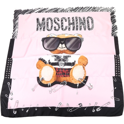 MOSCHINO 墨鏡泰迪熊印花粉黑色真絲方巾