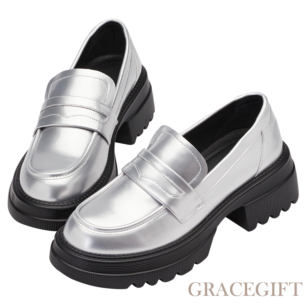 【Grace Gift】英倫便仕輕量軟墊厚底樂福鞋 銀